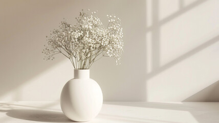 A minimalist white vase filled with delicate baby's breath, embodying simplicity and purity.