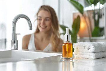 Beauty, skincare and serum with face of woman for facial, product or self care.