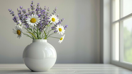 A modern geometric vase holding a cluster of daisies and lavender, accentuating its sleek design.