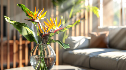 A modern glass vase filled with exotic bird of paradise flowers, adding a tropical flair to any space.