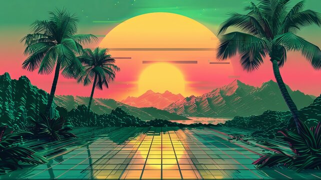 Neon palm trees by sunset mountain backdrop - An illustrative image featuring neon palm trees and a large sun, with mountains in the backdrop