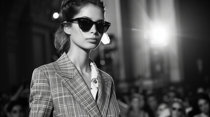 A stylish black and white frame from a fashion show with a model in sunglasses. model show reportage shooting