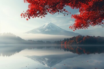Fuji Mountain autumn reflection landscape. - obrazy, fototapety, plakaty