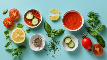 Gazpacho ingredients in a serene arrangement, emphasizing the coolness of the soup, perfect for a summer recipe book cover