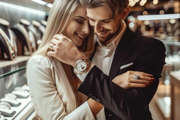 Luxury shopping: affluent couple admiring upscale watches in exclusive jewelry boutique.