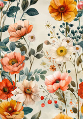 Vintage floral pattern on a creamy background - Illustrated vintage floral pattern featuring various colorful flowers and berries on a soft creamy beige backdrop