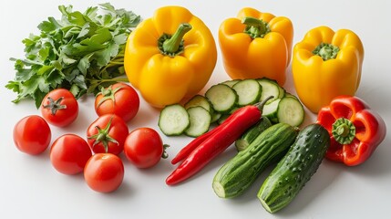 Fresh ingredients for gazpacho, including bell peppers and cucumbers, laid out on a seamless white surface, captured under soft studio lights, highlighting freshness