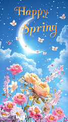 Colorful Happy Spring Greeting with Flowers - Vibrant spring greeting card with blooming flowers, a crescent moon, and butterflies against a blue sky backdrop
