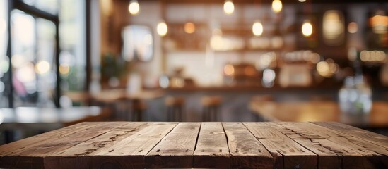 A close-up view of a wooden table inside a restaurant, set against a blurry background creating a warm and cozy atmosphere