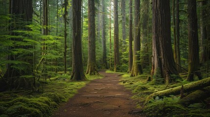 A deep forest trail lined with tall, ancient trees and soft moss 
