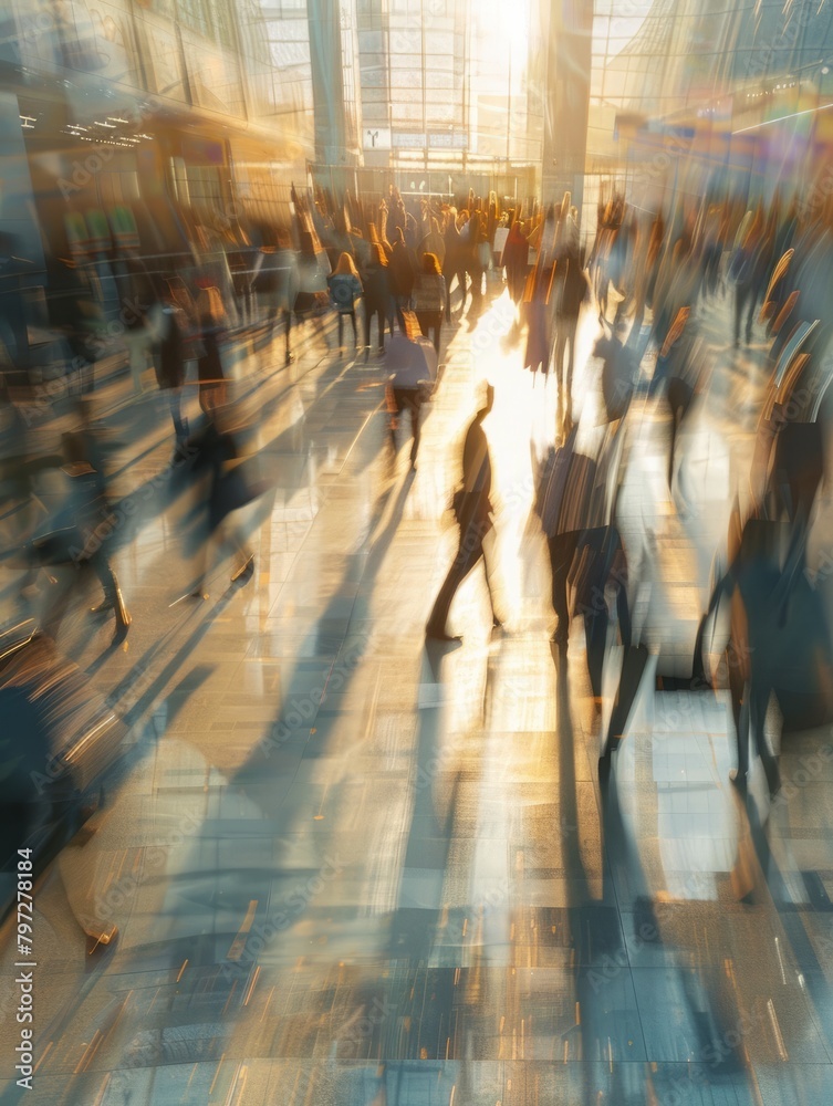 Wall mural crowd of blurred busy airport business office workers employment city people market walking modern b