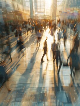 Crowd of blurred busy airport business office workers employment city people market walking modern building rushing bustle culture work banking economic bank urban hyper realistic 