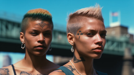 Two tattooed queer individuals in stylish attire.