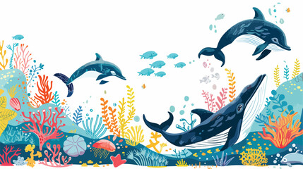 Under the sea vector background with whales and dolphin 