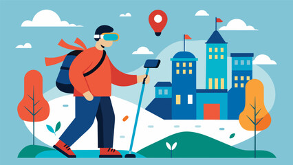 A visually impaired traveler explores a foreign city with the assistance of a portable navigation device that uses sensory substitution to provide.