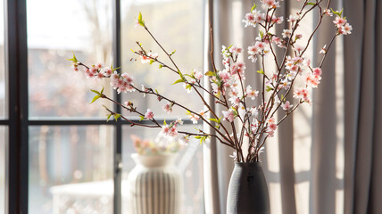 A tall, slender vase filled with elegant branches of cherry blossoms, adding a touch of sophistication to any space.