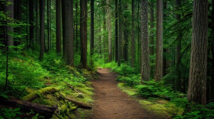 A deep forest trail lined with tall, ancient trees and soft moss