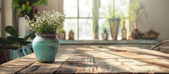 A beautifully arranged vase with colorful flowers sits on a rustic wooden table, positioned in front of a large window