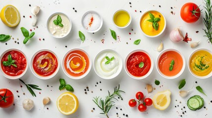 Elegant display of gazpacho ingredients laid out in a geometric pattern, ideal for a gourmet cooking show advertisement