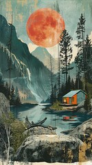 A painting of a cabin in the mountains. There is a blood moon rising over the mountains and the lake. The cabin is surrounded by trees and there is a dock extending out into the lake.