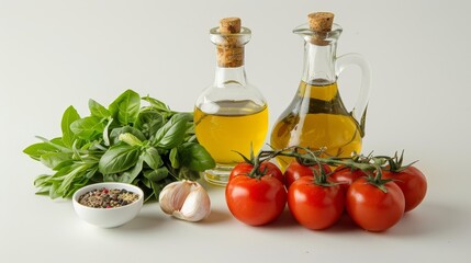 Elegant composition of gazpacho ingredients, emphasizing the natural sheen of olive oil and vinegar, set against a clean, isolated background, studio lighting