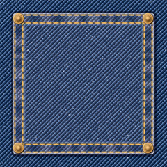 Denim blue jean textile pattern background with gold seams, crease and brass pins  frame vector illustration.