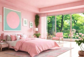 Pink-walled bedroom with a comfortable bed and warm ambiance, Serene pink-toned bedroom with a stylish bed, Cozy bedroom with soft pink walls and a neatly made bed.