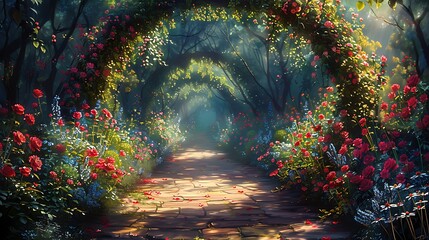 Illustrate a secluded corner of an impressionist garden, where sunlight filters through a dense floral archway - obrazy, fototapety, plakaty