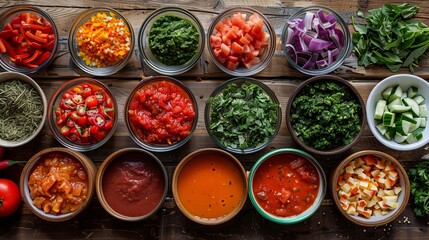 Dynamic top view of a gazpacho feast, showing all ingredients before blending, set on a rustic wooden table, emphasizing texture and color contrast