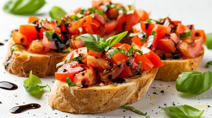 Detailed image of bruschetta with juicy tomatoes, aromatic garlic, and green basil on toasted bread, balsamic glaze, clean isolated background