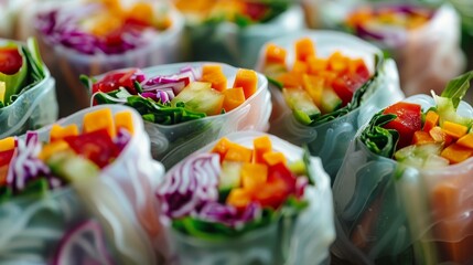 Detailed close-up of fresh vegetable spring rolls, rice paper filled with colorful veggies, studio raw lighting