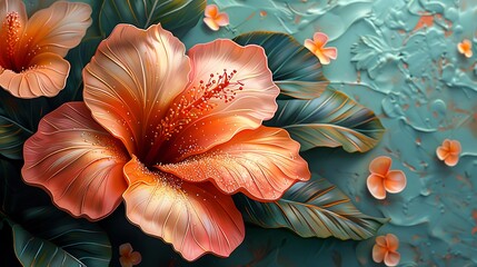 Illustrate a series of tropical flowers using a mix of oil painting for the lush, green background and collage for the vibrant petals using silk fabric