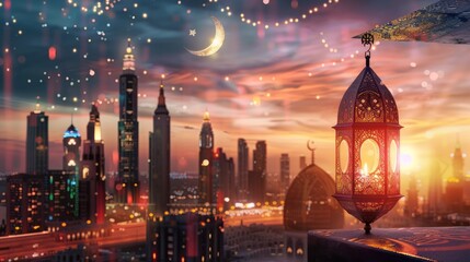 Eid mubarak and ramadan kareem greetings with islamic lantern - obrazy, fototapety, plakaty