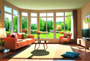 Peaceful living room with expansive windows framing lush garden, Tranquil garden view from bright, airy living room, Sunlight streaming into spacious living room with garden vista.