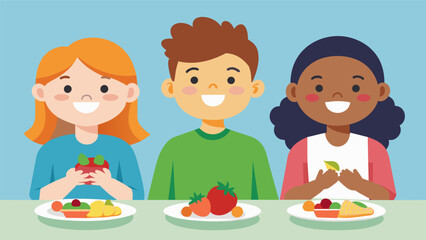 A group of children sit eagerly at a table each holding a plate of vegetable snacks that they helped prepare proud of their newfound love for