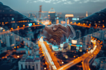 Multiple exposure shot of two businesspeople shaking hands superimposed on a cityscape.