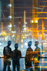Multiple exposure shot of colleagues in a meeting superimposed over an industrial background.