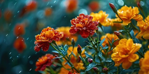 Vibrant flowers glistening with raindrops