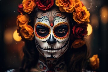 Woman with Day of the Dead Makeup and Floral Headpiece