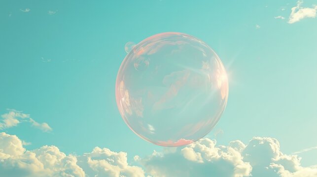An iridescent bubble floats in a blue sky.