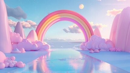 Surreal Pastel Landscape with Rainbow Bridge over Reflective Waters - obrazy, fototapety, plakaty
