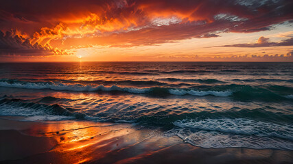 Fototapeta premium A Fiery Sunset Painting the Serenity of a Mirror-Like Ocean with Dissolving Skies