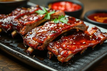 Delicious glazed barbecue ribs on a plate