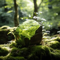Sunlight filtering through trees onto a moss-covered rock in a forest