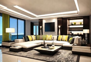 Trendy space with yellow and black elements in a modern living room, Chic living room design featuring a yellow and black color scheme, Bright and modern living room with pops of yellow.
