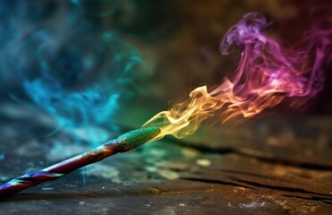 Colorful smoke rising from a burning incense stick