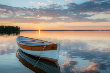 Anchored Wayfarer sixteen foot dinghy sailboat on a calm freshwater cottage lake outdoors horizon...