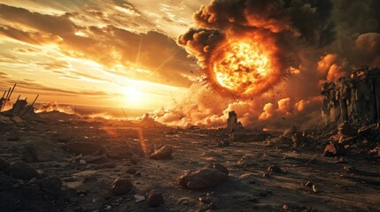 Apocalyptic explosion in a devastated cityscape at sunset - obrazy, fototapety, plakaty
