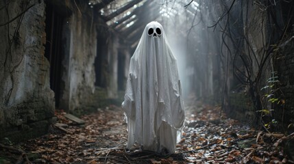 Spooky ghost costume in a haunted forest setting - obrazy, fototapety, plakaty