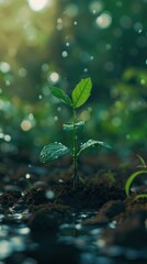 Young plant sprouting from soil with sunlight filtering through